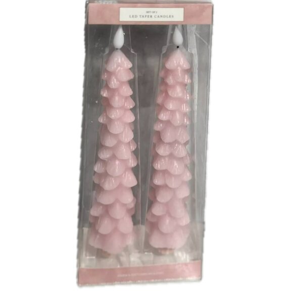 Set of 2 LED Taper Candles Pink Christmas Trees w Timer AA Battery Operated NIB - Picture 3 of 3